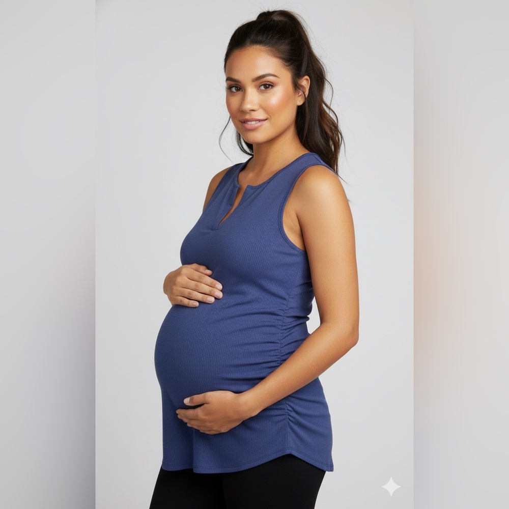 Isabel Maternity Blue Ribbed Split Neck Tank Top - XL- Slate Blue